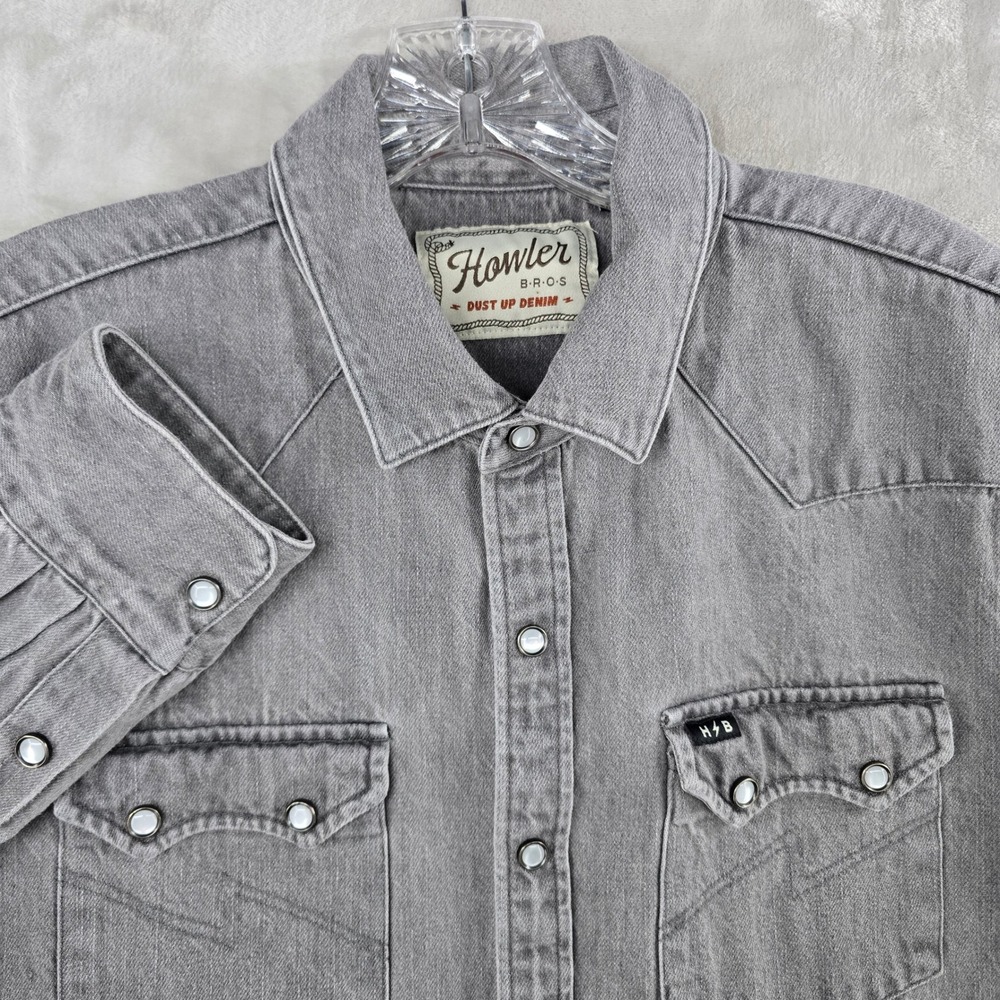 Howler Bros Dust Up Denim Mens Medium Gray Western Pearl Snap Long Sleeve Shirt